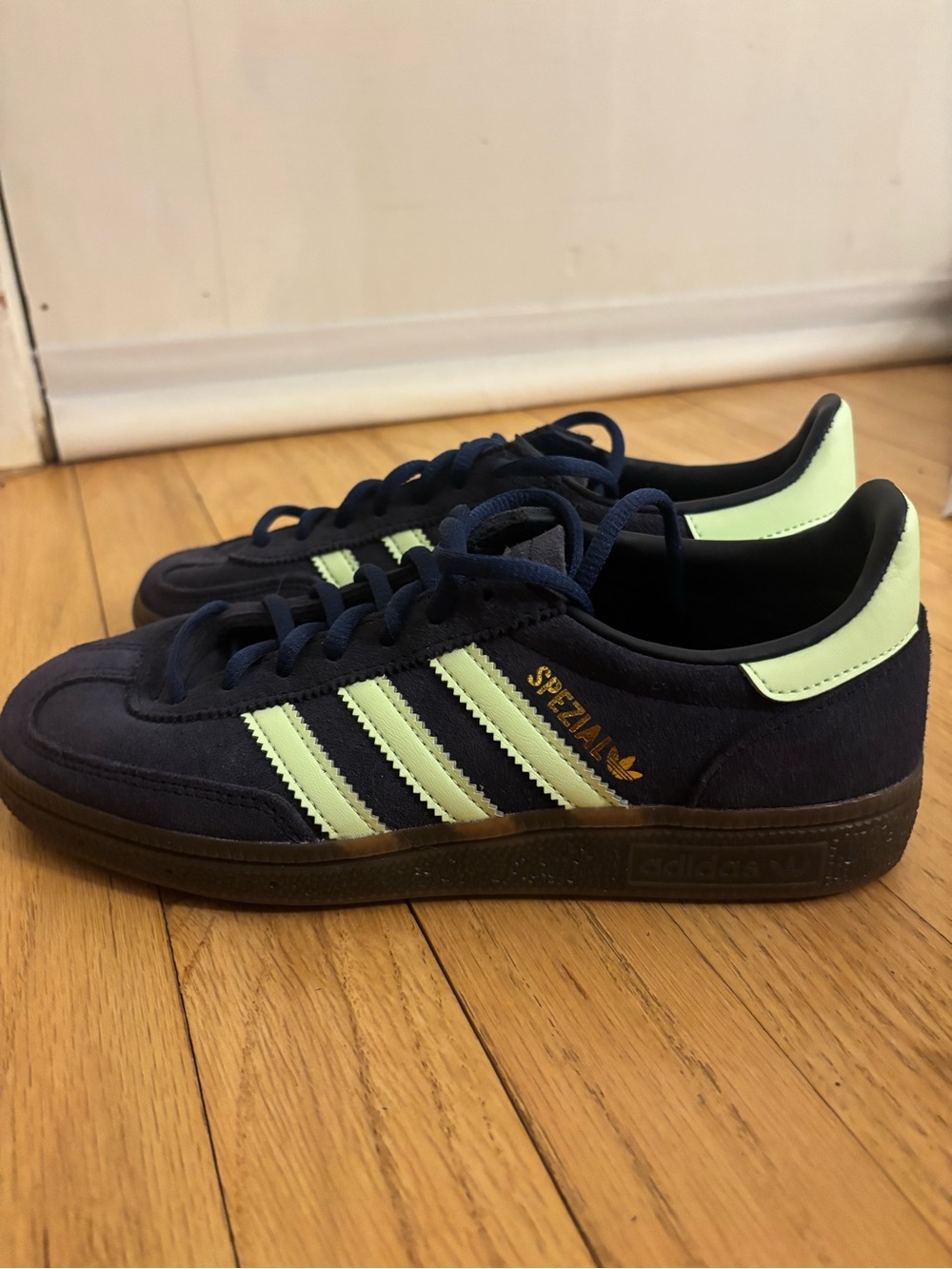 adidas Spezial Navy Suede Sneakers with Light Green Stripes